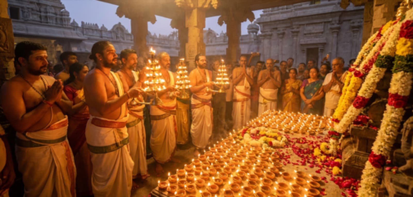 Special evening aarti ceremony with hundreds of oil lamps illuminating the temple sanctum