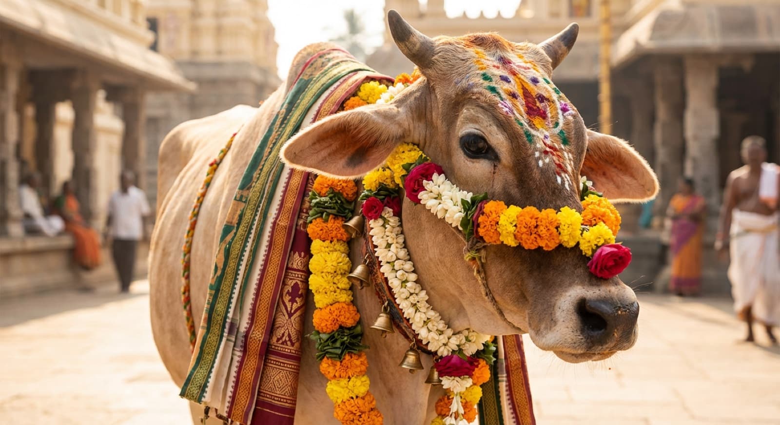 Traditional cow worship with a garlanded, decorated cow