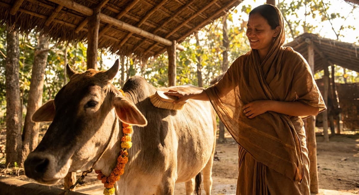 Devotee gently grooming a sacred cow with a soft brush