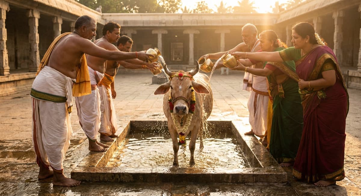 Devotees gently bathing a sacred cow with pure water