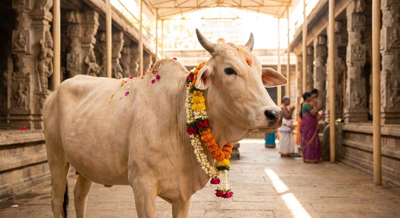 Garlanded cow in a temple corridor