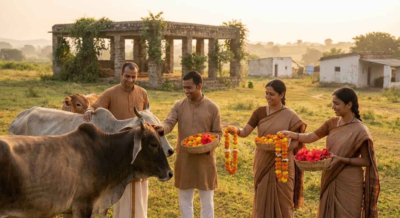 Devotees offering flower garlands to cows at the goshala
