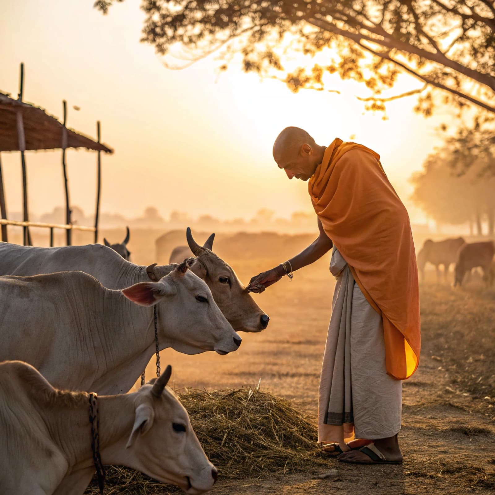 Caring for cows at dawn