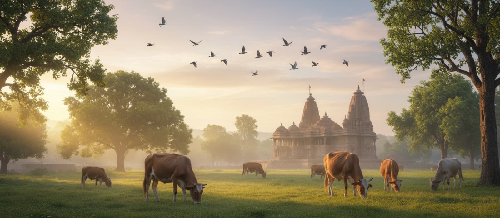 Goseva Ashramam temple and grazing cows at sunrise
