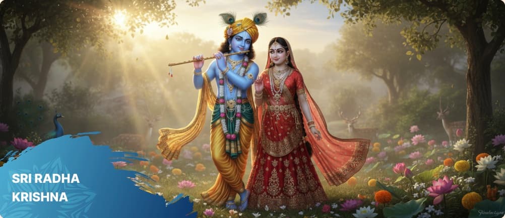 Sri Radha Krishna in a sunlit garden
