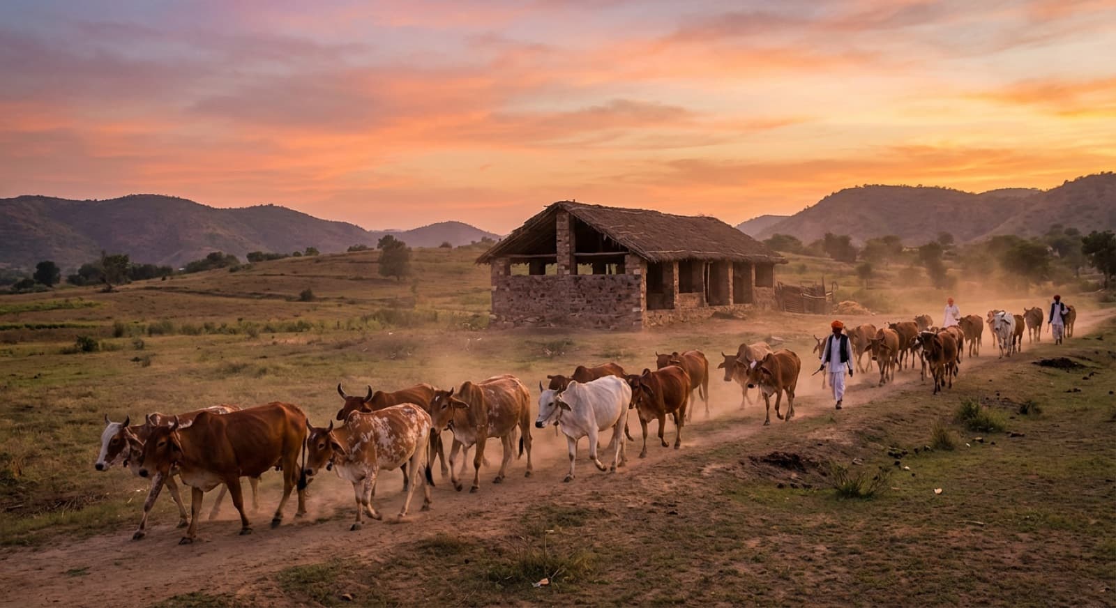 Cows peacefully returning to their shelter during golden hour sunset