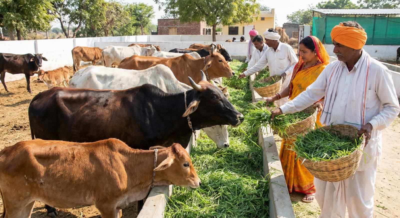 Villagers feeding fresh green fodder to cows