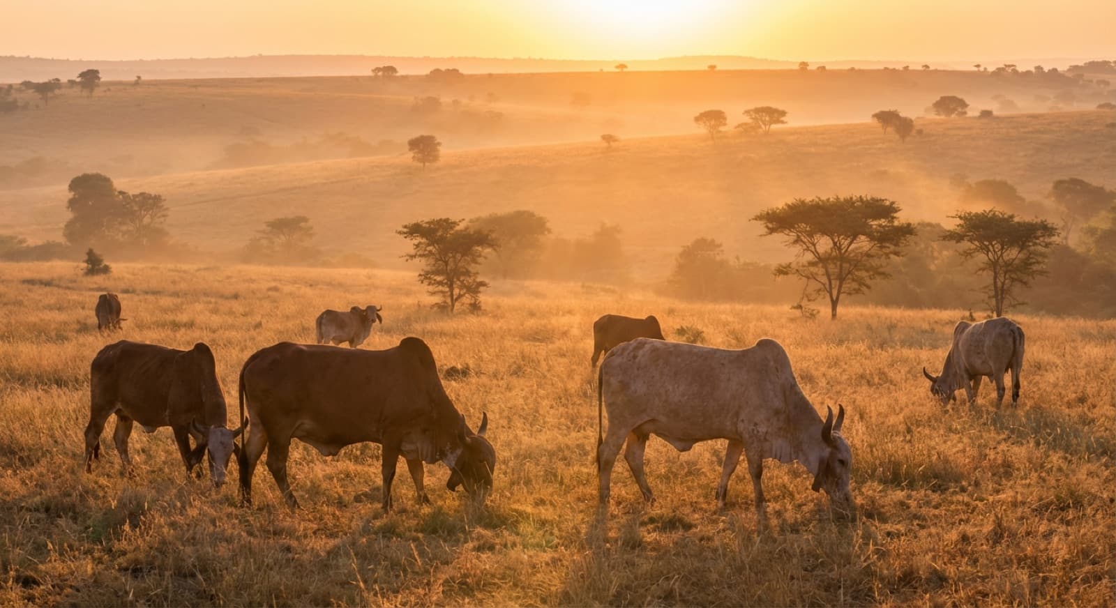 Indian desi cows grazing at sunrise