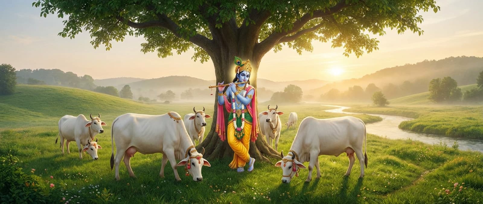 Lord Krishna standing under a tree with cows