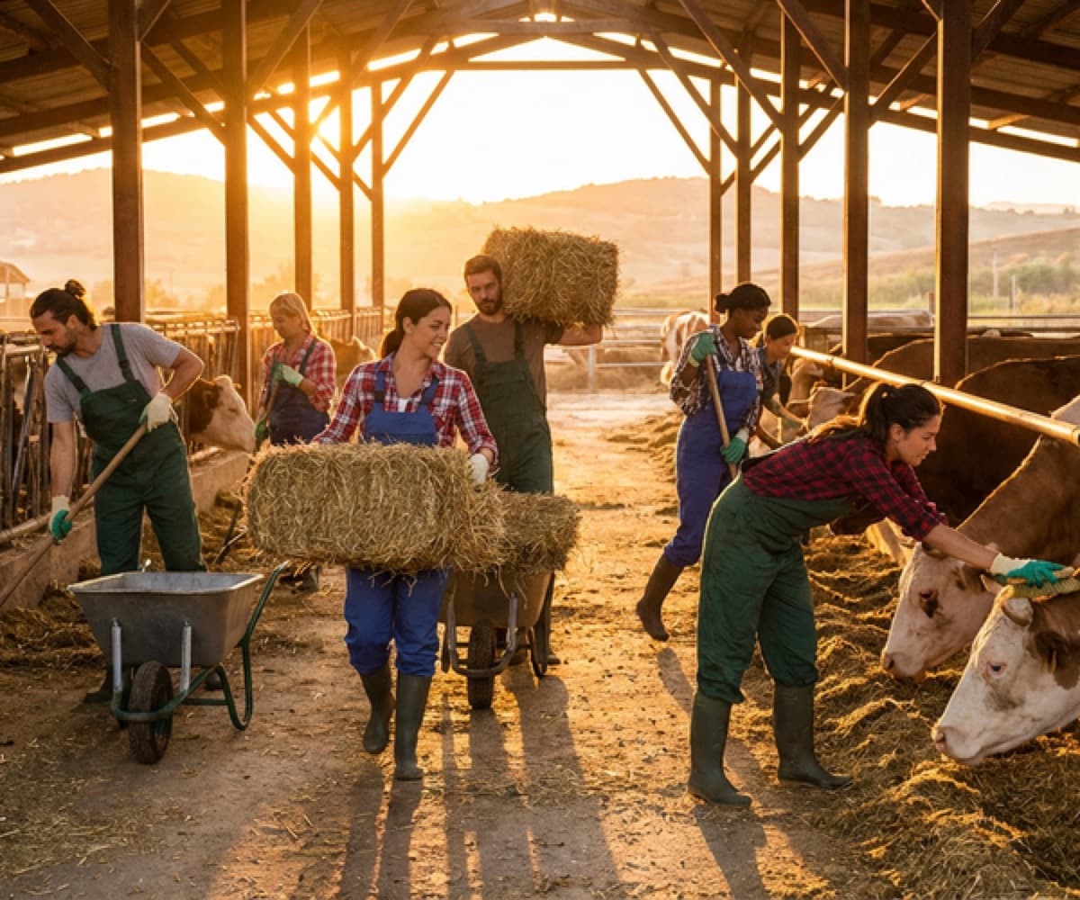 Cows peacefully returning to their shelter during golden hour sunset