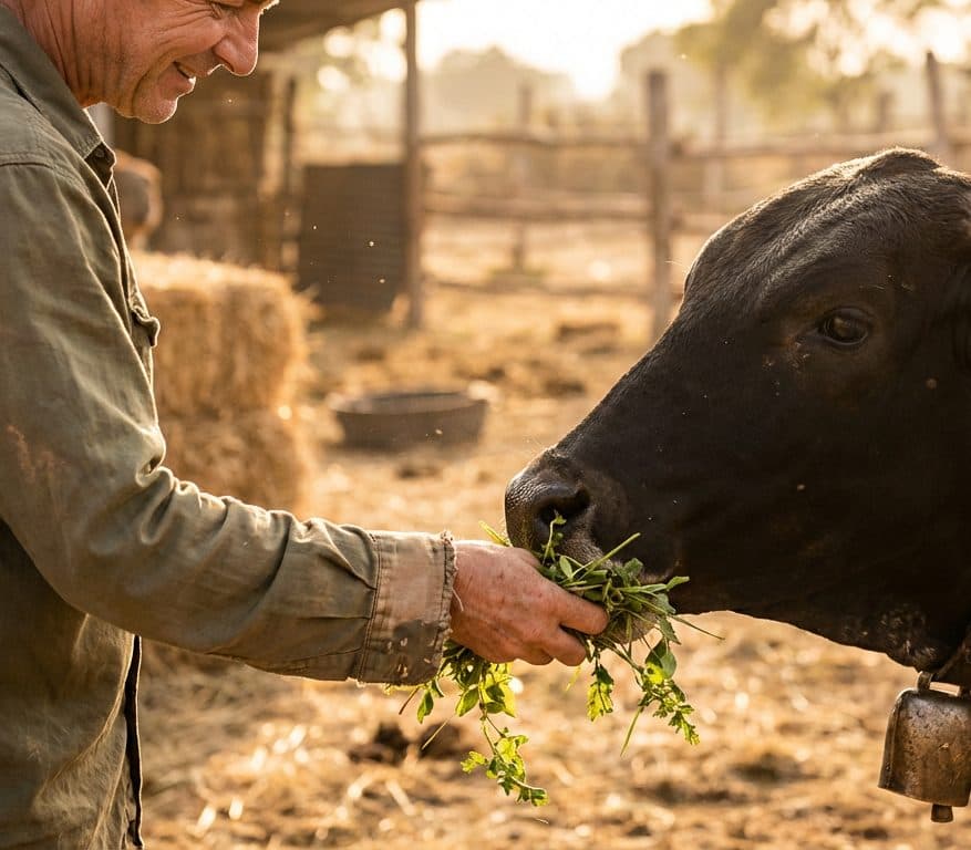 A volunteer hand-feeding fresh greens to a cow