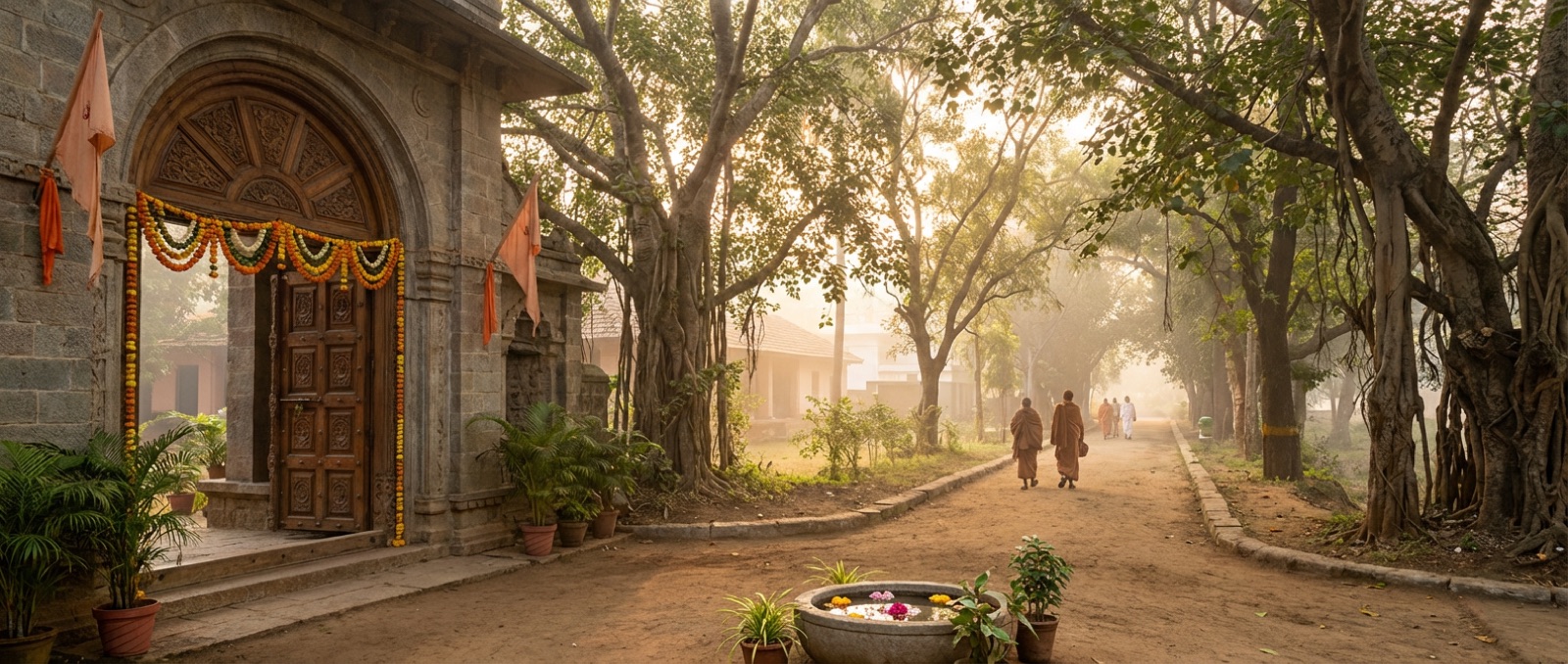 Misty temple grounds at the ashram