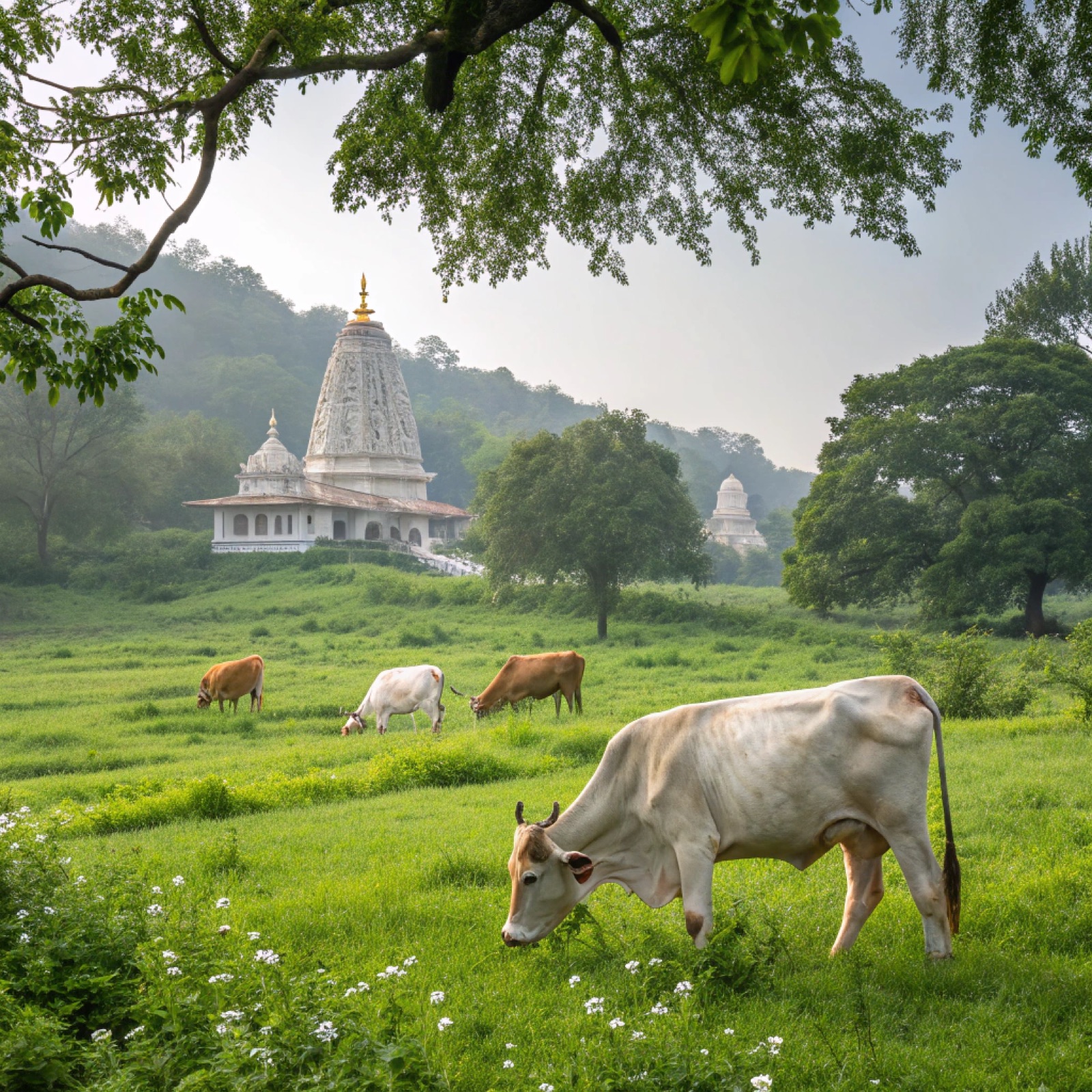Cows grazing in the ashram gardens