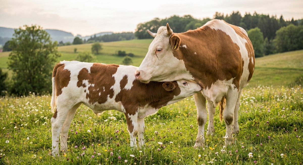 Young calf nursing from its mother cow