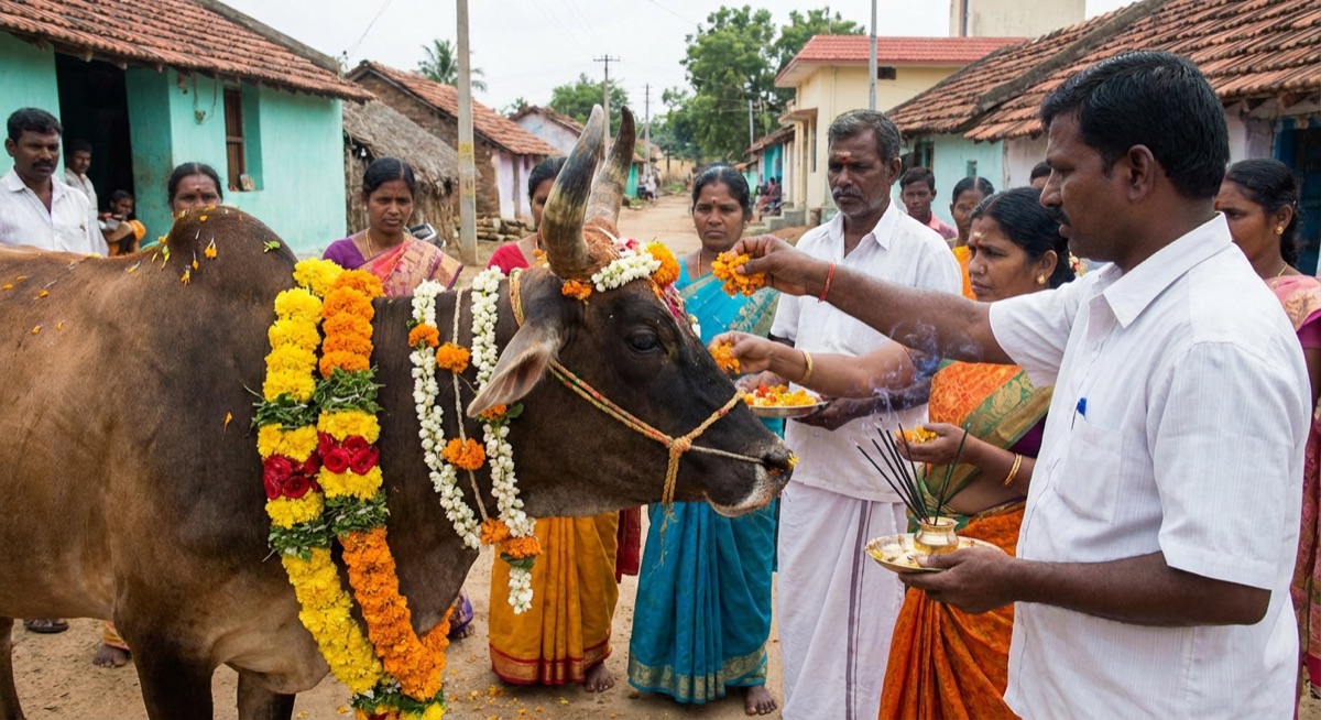 Traditional cow worship ceremony with flower garlands