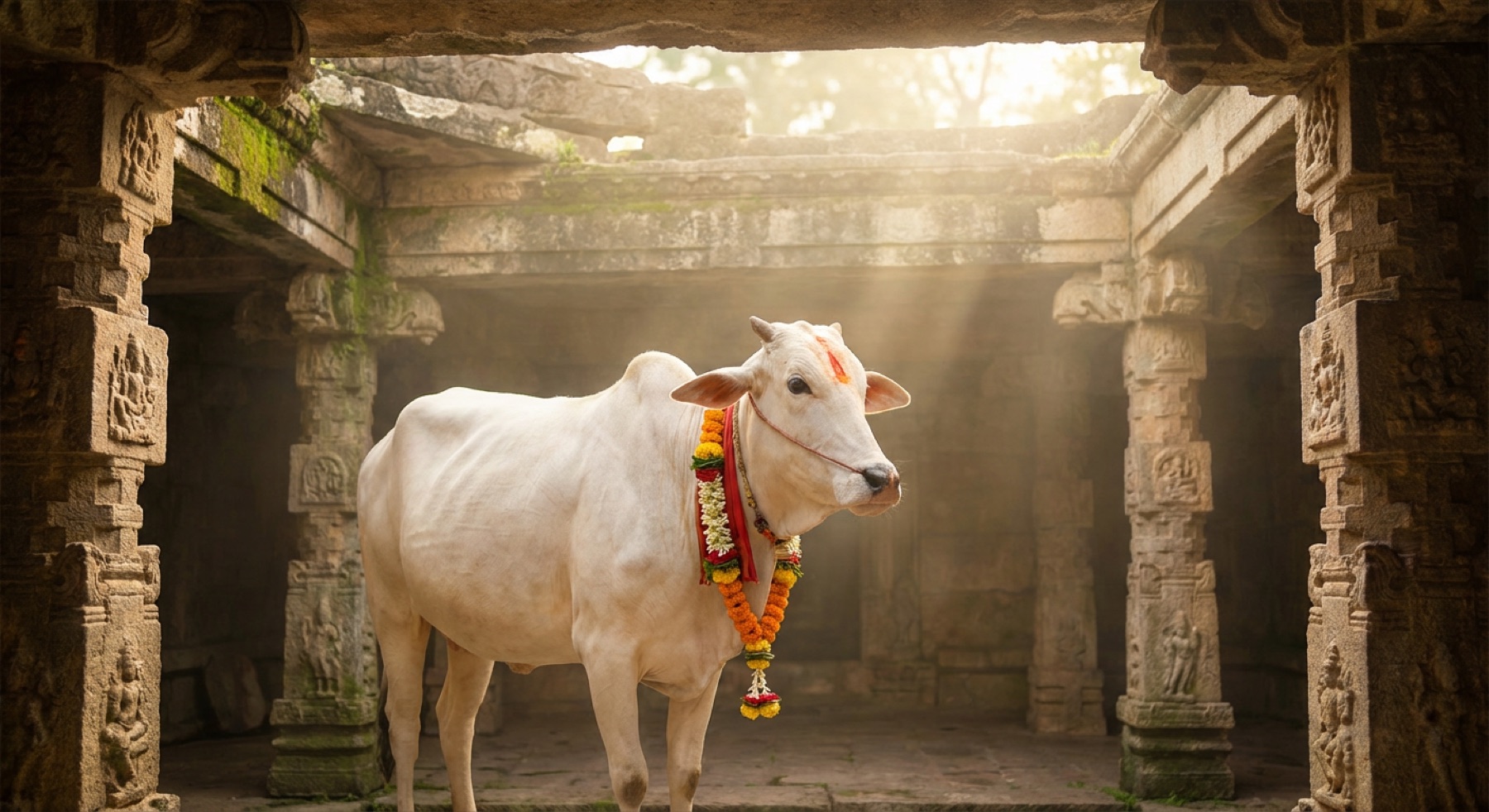 A white cow adorned with flower garlands in a temple courtyard