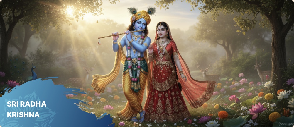 Sri Radha Krishna in a sunlit garden